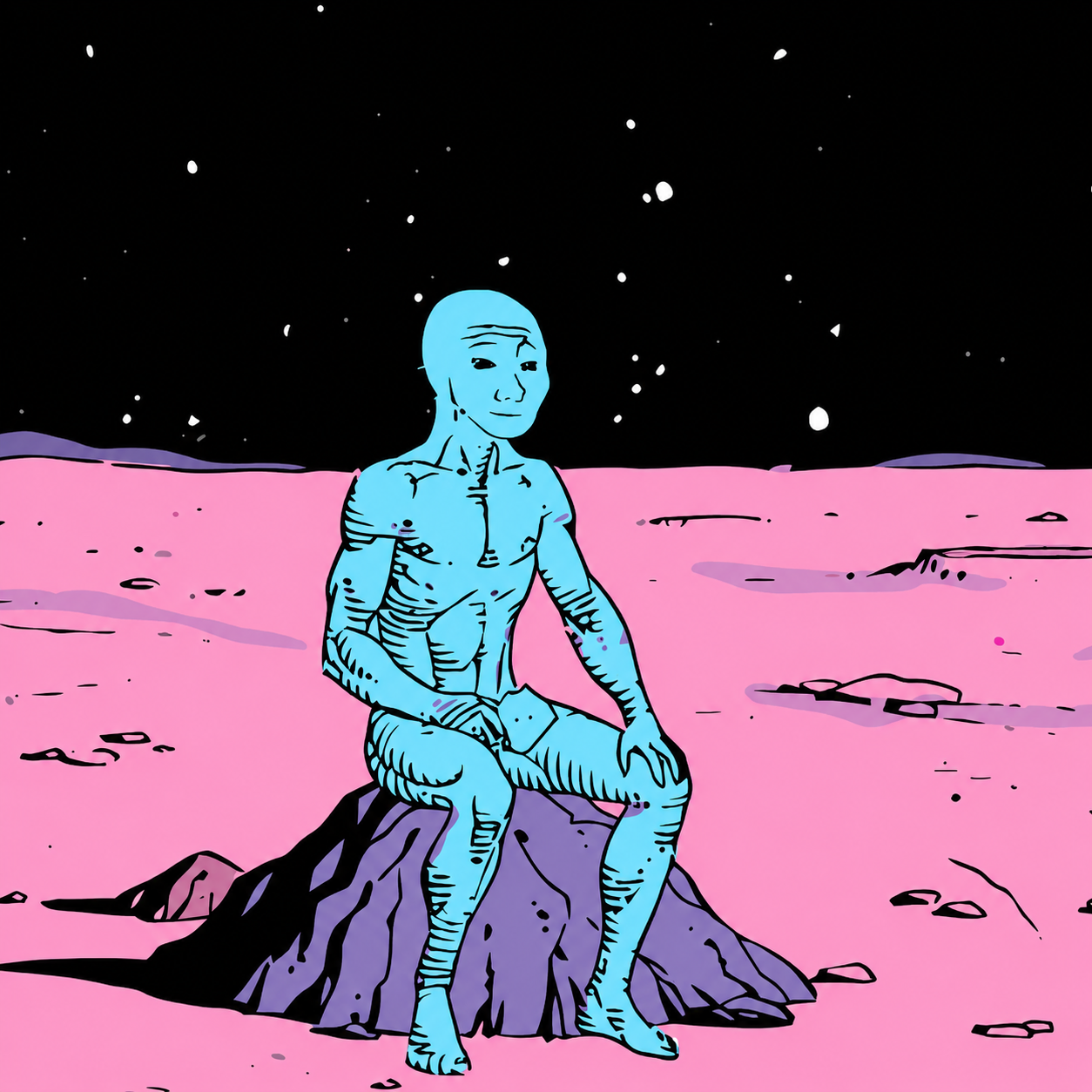 The $alone figure sitting alone on the pink alien landscape